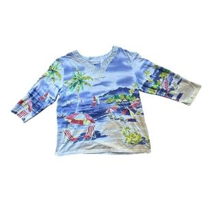 Women Top Hawaiian Tropical Palm Beach Print Sailing Size Medium Alfred Dunner